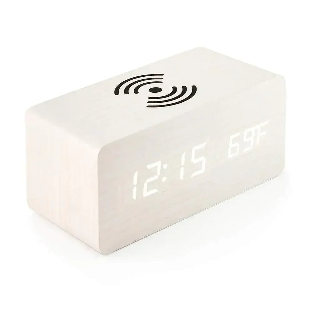 AuroraWood Wooden LED Alarm Clock With Wireless Charging Function