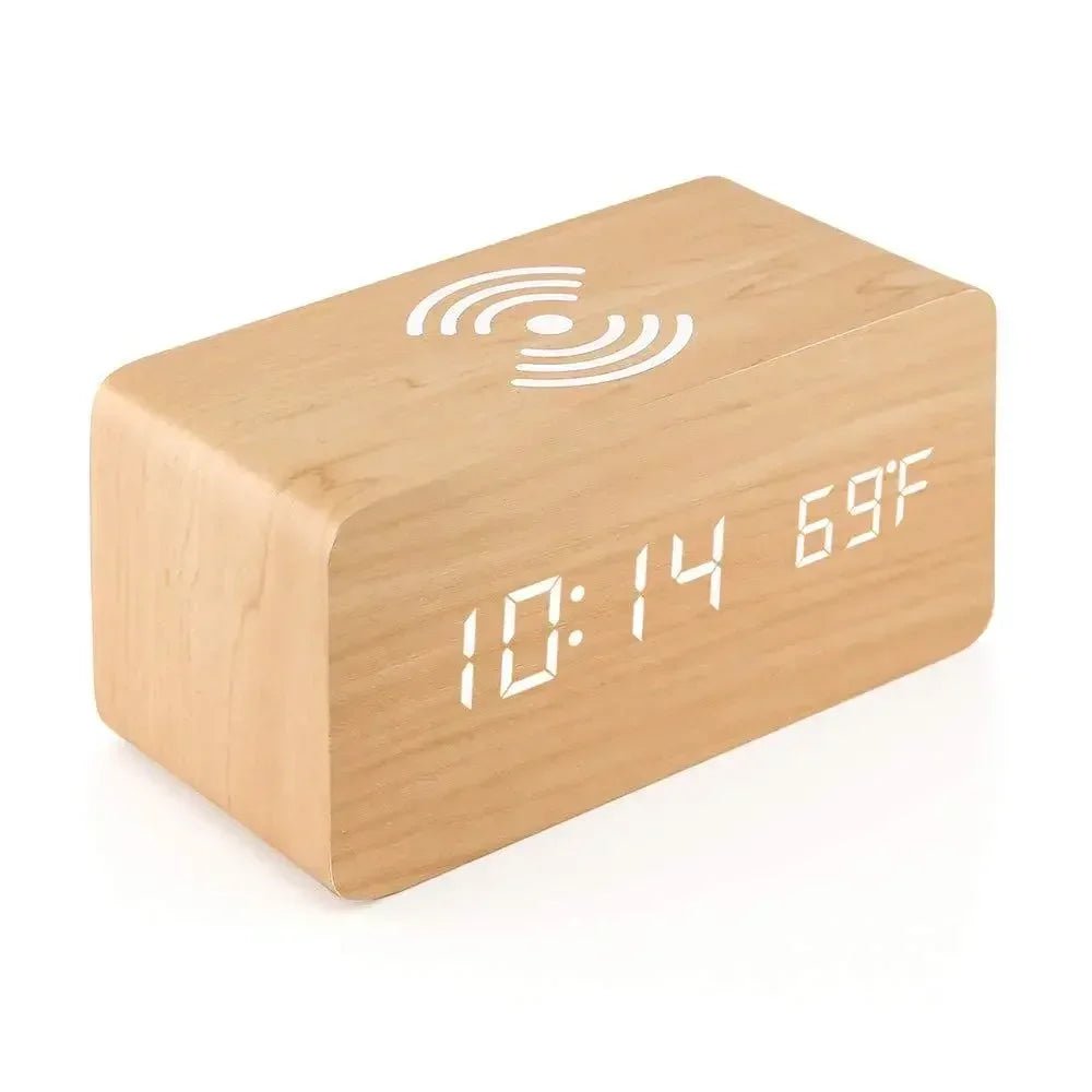 AuroraWood Wooden LED Alarm Clock With Wireless Charging Function
