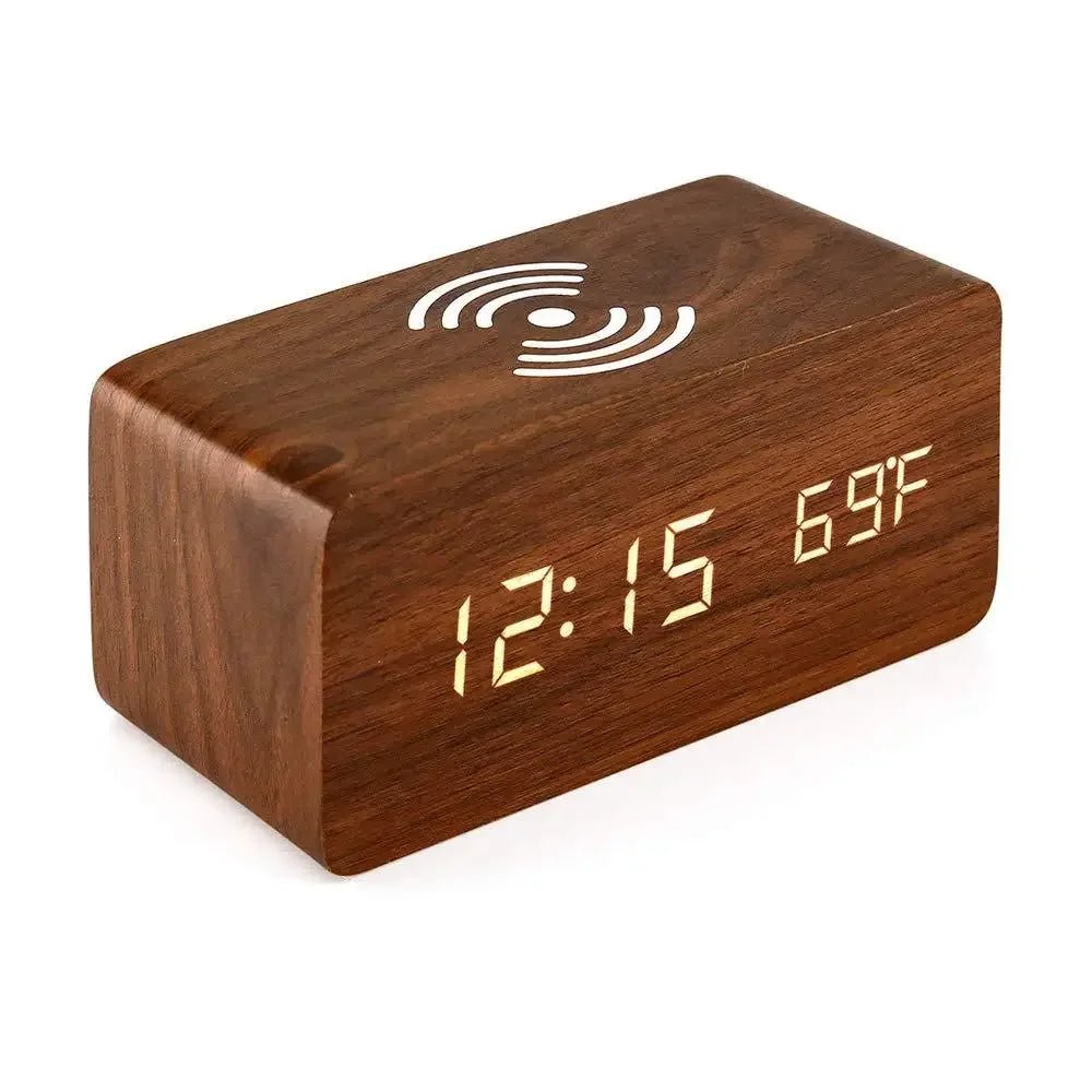 AuroraWood Wooden LED Alarm Clock With Wireless Charging Function