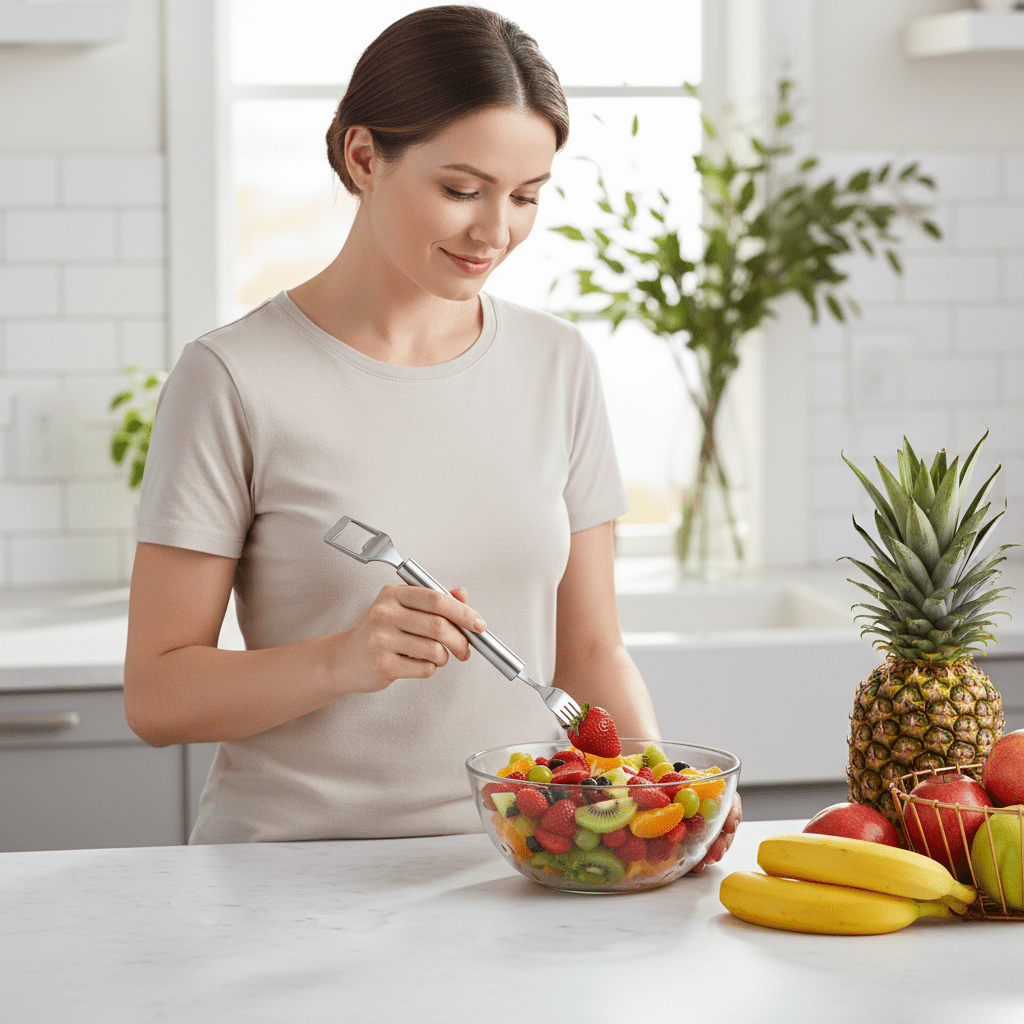 FruitEase Duo Fruit Cutter With Integrated Fork For Quick Snack Enjoyment