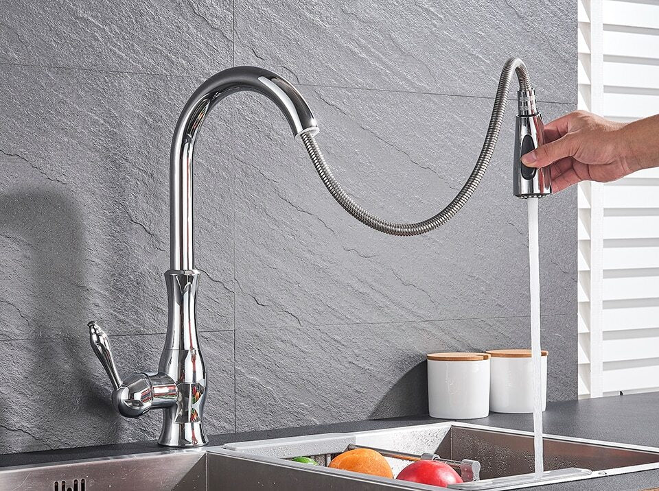 Výsuvná flexibilní kuchyňská baterie s dosahem 45 cm, kartáčovaný nikl