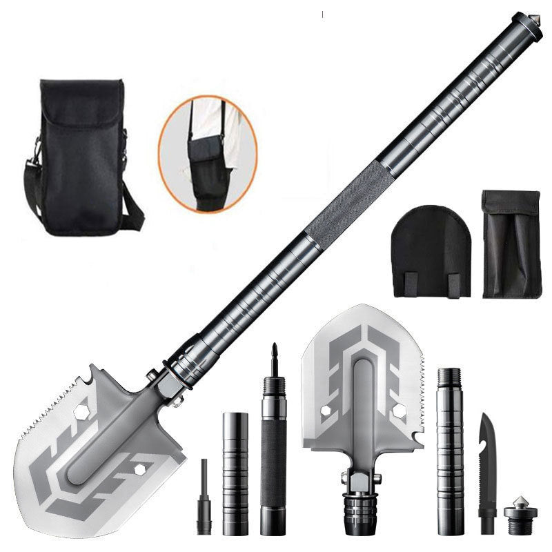 Pelle de survie tactique 16-en-1 – Outil de camping multifonction avec scie, couteau et allume-feu pour aventures en plein air