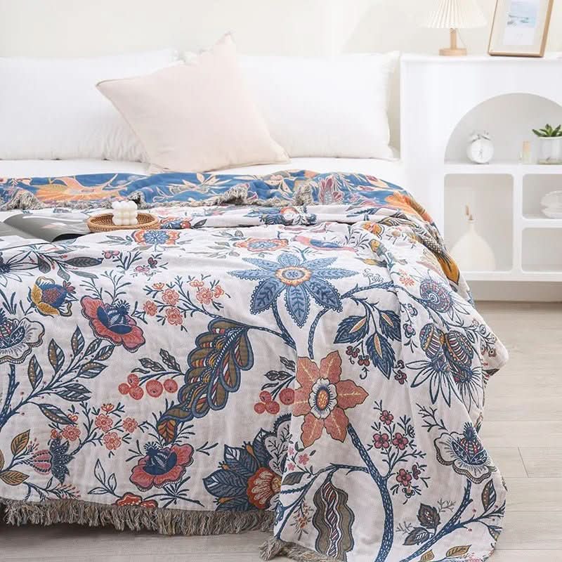 Coperta MEADOWNEST in cotone rustico con motivo floreale e design reversibile