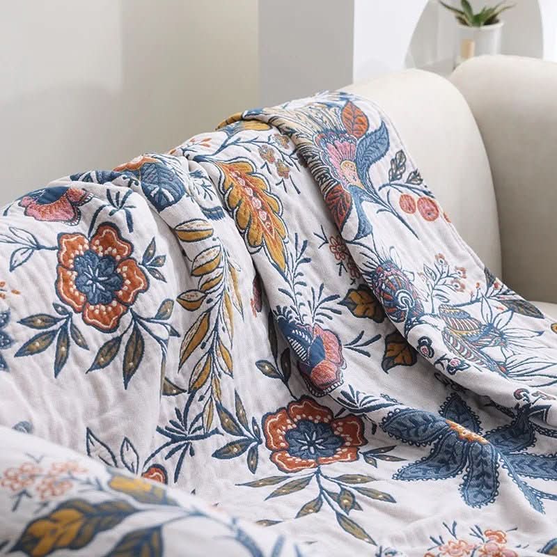 Coperta MEADOWNEST in cotone rustico con motivo floreale e design reversibile