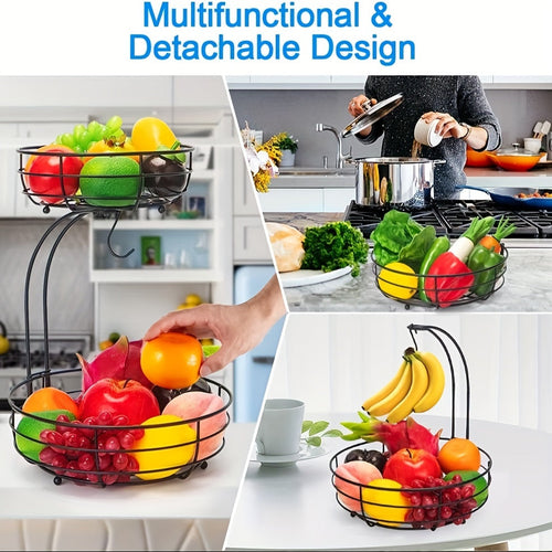 2-tier fruit basket with metal banana holder for kitchen, countertop, and storage