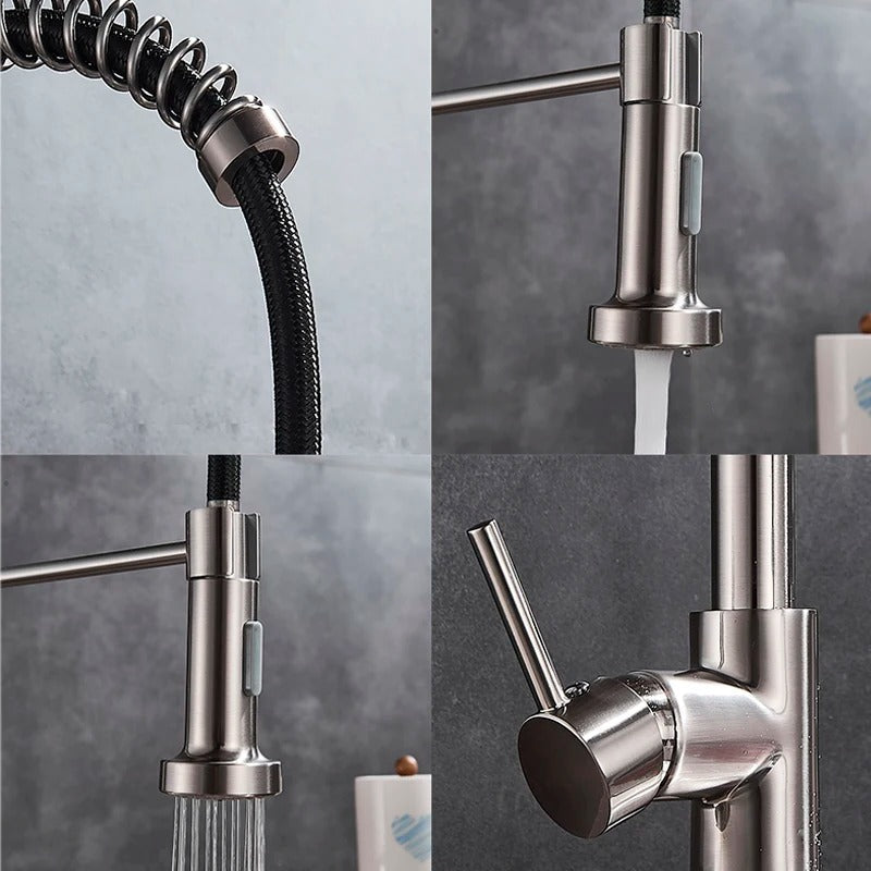 Grifo de cocina de latón cepillado con ducha de mano extraíble y caño giratorio de 360 grados