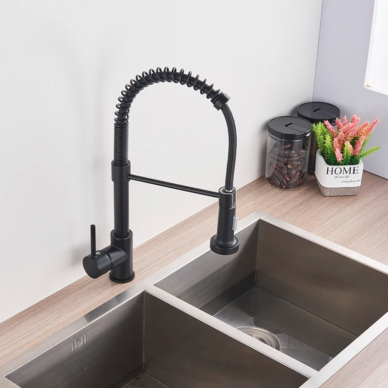 Grifo de cocina de latón cepillado con ducha de mano extraíble y caño giratorio de 360 grados