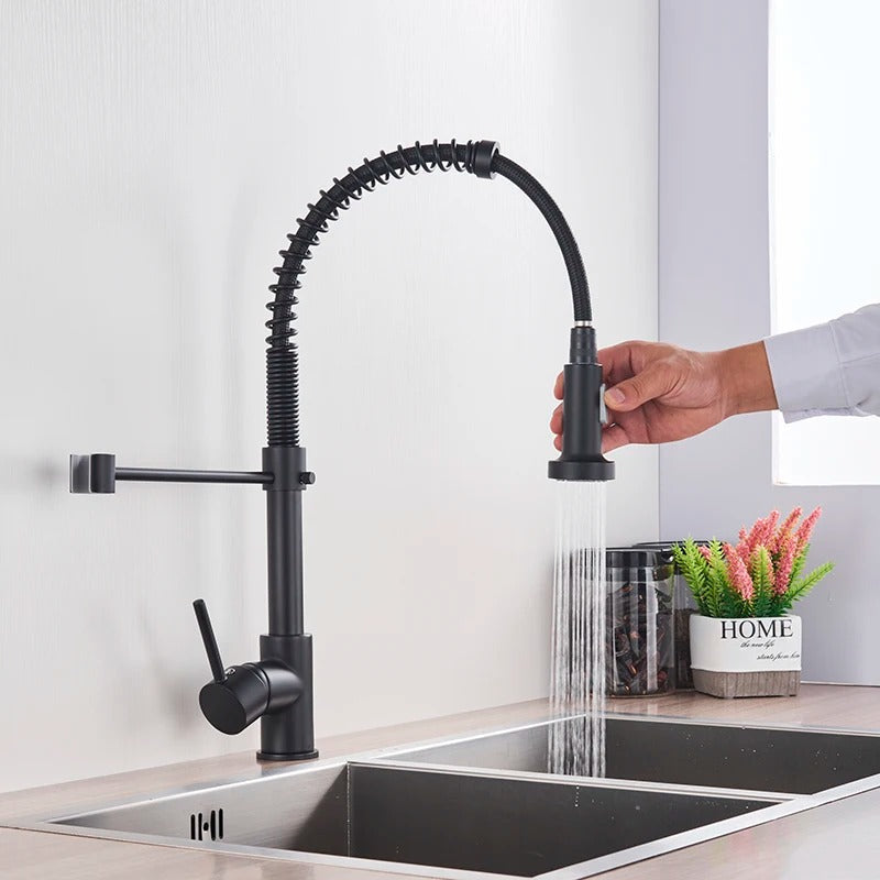 Grifo de cocina de latón cepillado con ducha de mano extraíble y caño giratorio de 360 grados