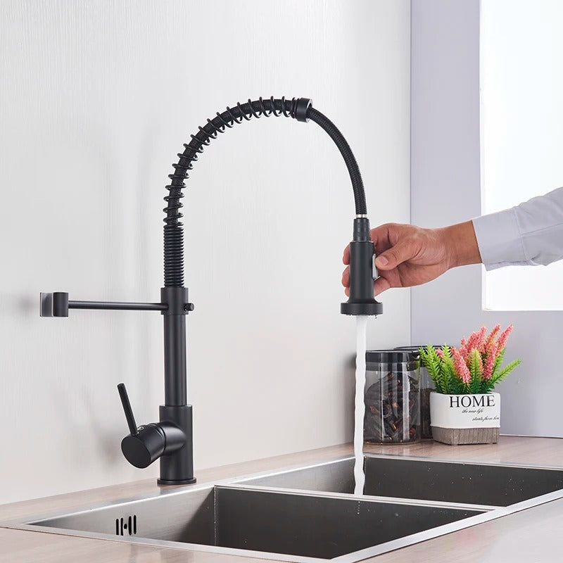 Grifo de cocina de latón cepillado con ducha de mano extraíble y caño giratorio de 360 grados