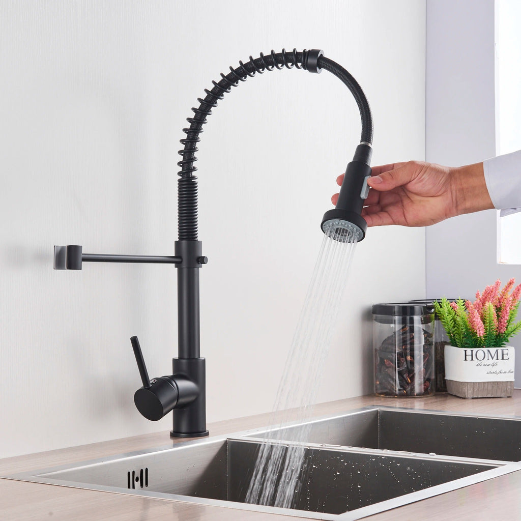 Grifo de cocina de latón cepillado con ducha de mano extraíble y caño giratorio de 360 grados