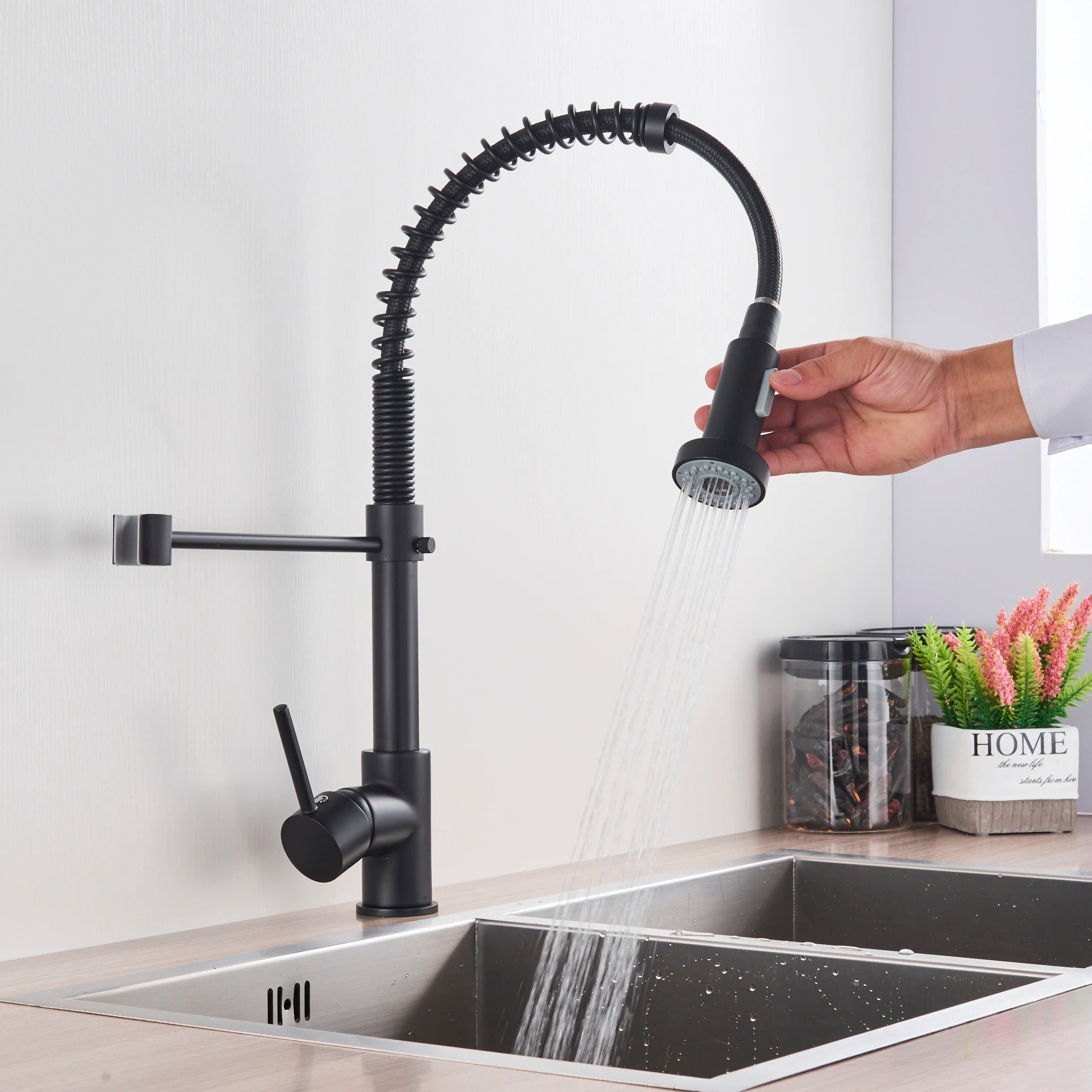 Grifo de cocina de latón cepillado con ducha de mano extraíble y caño giratorio de 360 grados