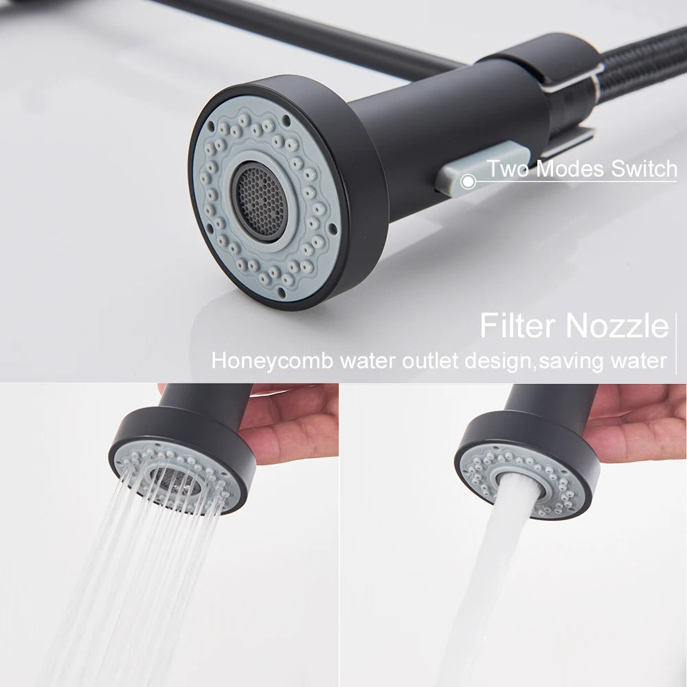 Grifo de cocina de latón cepillado con ducha de mano extraíble y caño giratorio de 360 grados