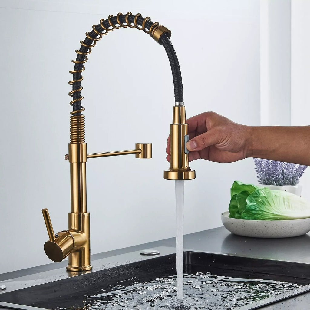 Grifo de cocina de latón cepillado con ducha de mano extraíble y caño giratorio de 360 grados