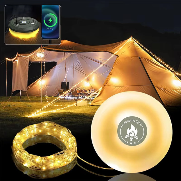4-in-1 Campinglaterne mit LED-RGB-Lichterkette, 10 m, 2000 mAh Powerbank, IPX4
