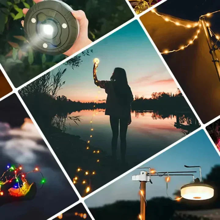 4-in-1 Campinglaterne mit LED-RGB-Lichterkette, 10 m, 2000 mAh Powerbank, IPX4
