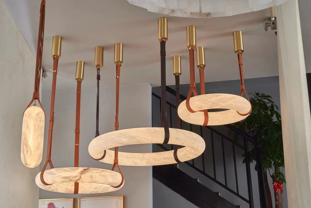 Alabaster-Ring-Hängeleuchte mit LED, Naturstein in Braun bis Gold, 3000K–6000K