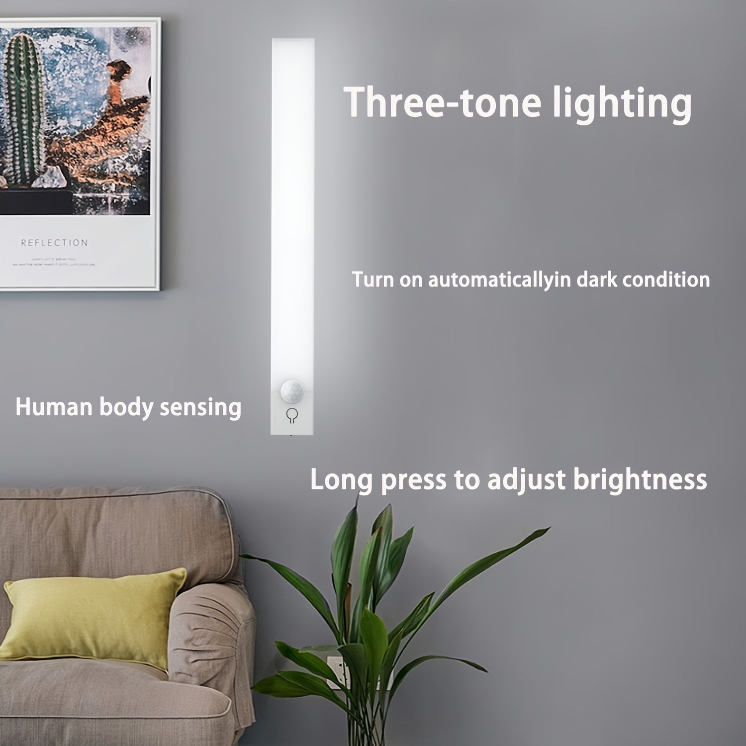 Luz noturna LED com sensor de movimento inteligente, bateria recarregável por USB e brilho ajustável