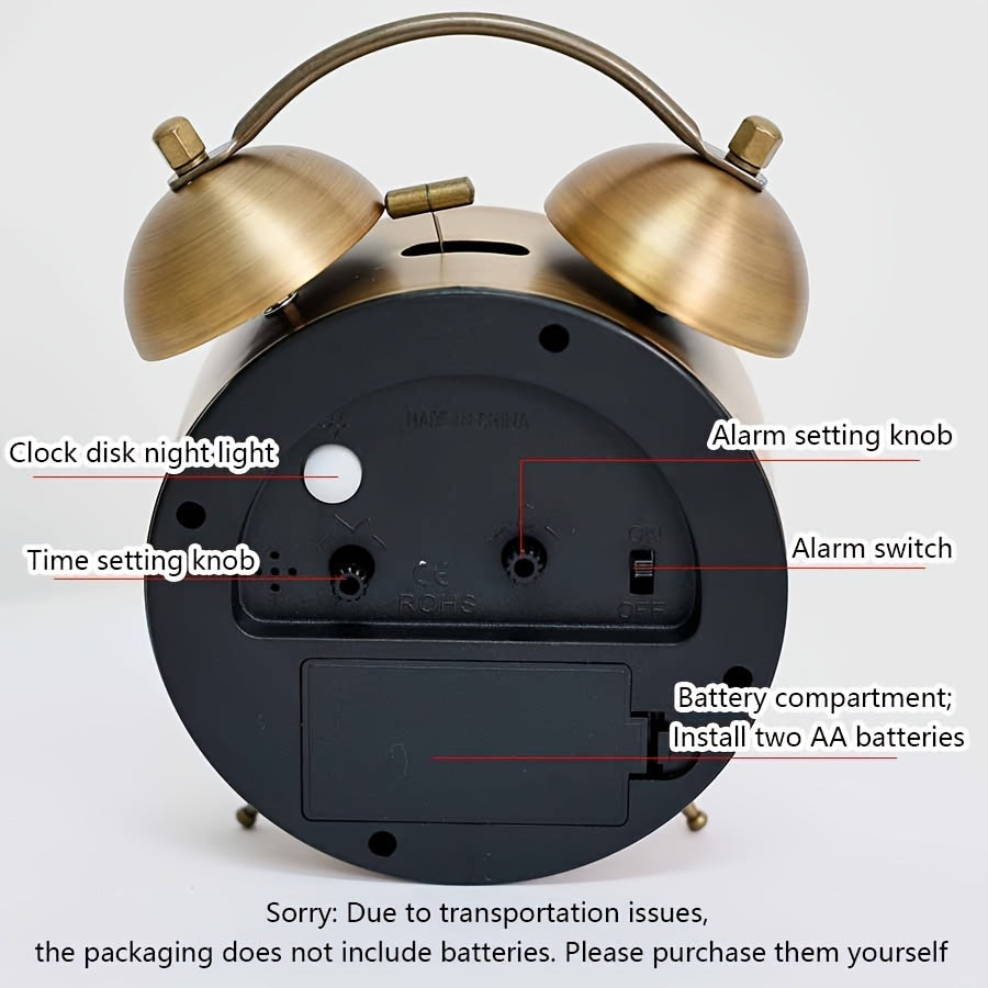 Scandinavian vintage luminous twin bell alarm clock with classic metal design