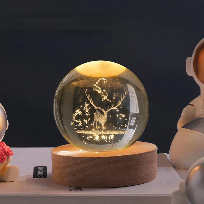 3D skleněná koule s nebeskými motivy a LED ambientním osvětlením pro domácí dekoraci