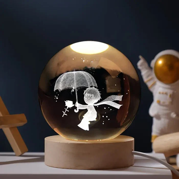3D skleněná koule s nebeskými motivy a LED ambientním osvětlením pro domácí dekoraci