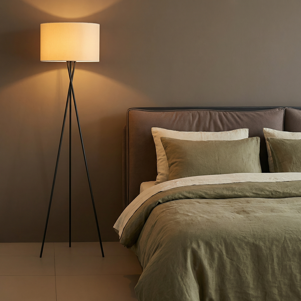 Regulowana lampa podłogowa z jedwabnym abażurem i kablem dla przytulnej atmosfery w salonie