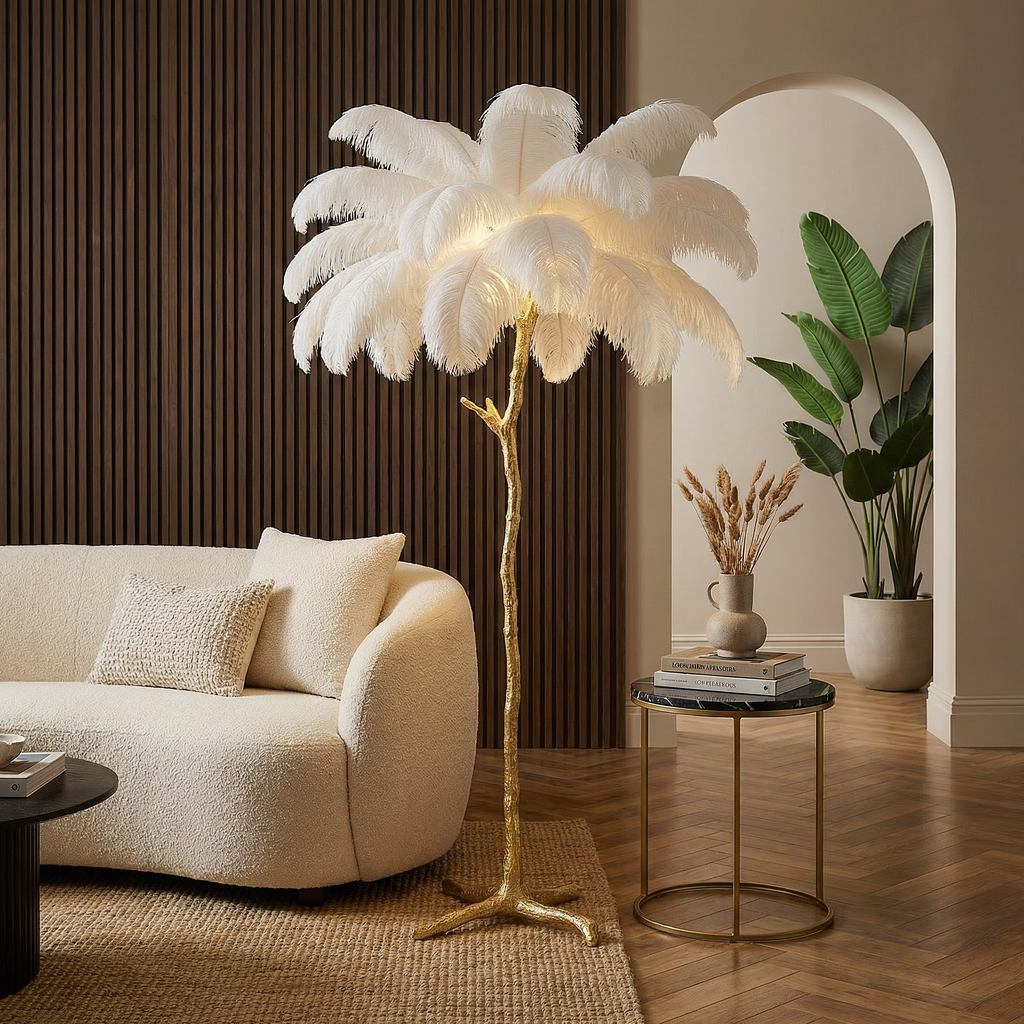 Elegant fjer-gulvlampe med moderne design og justerbar LED-belysning