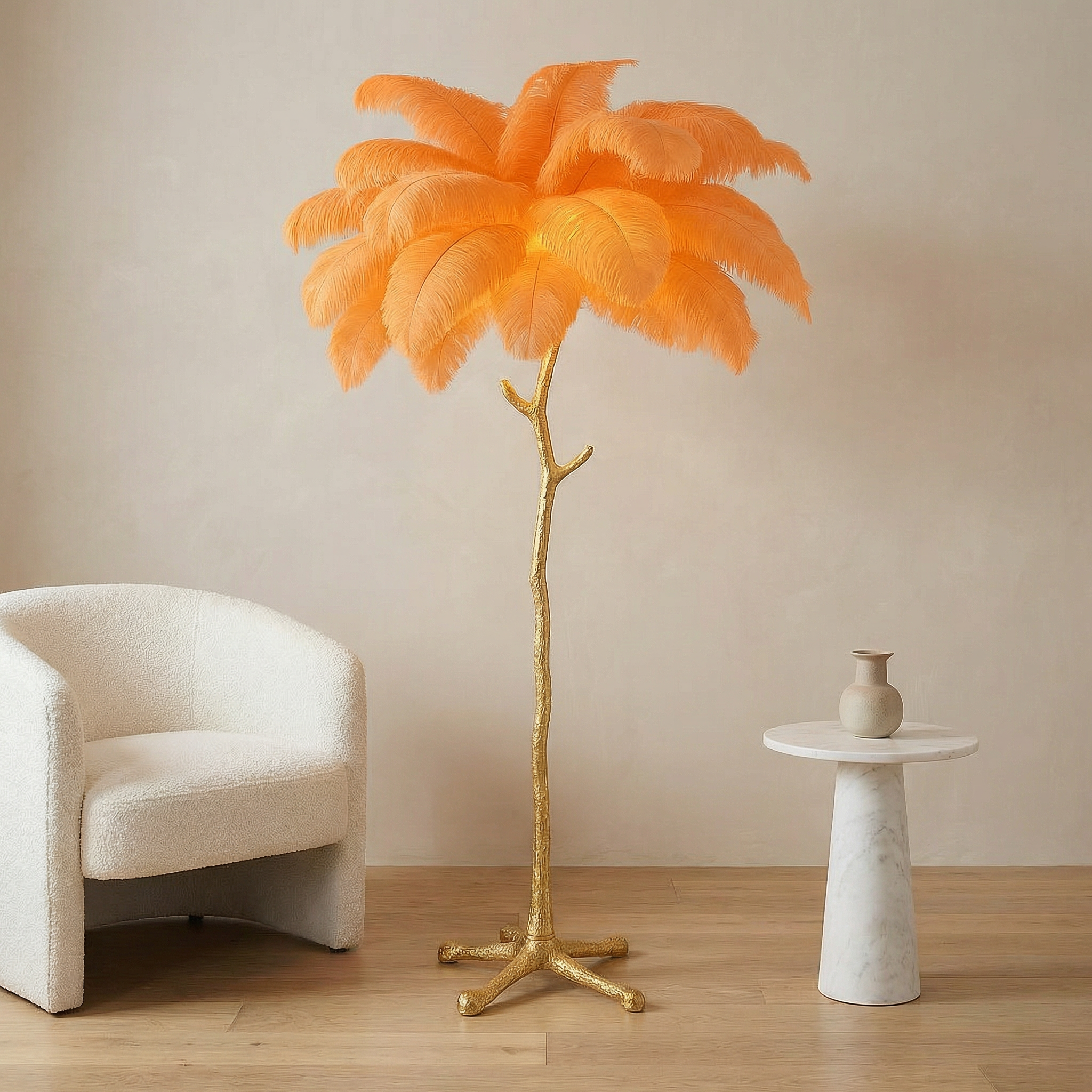 Elegant fjer-gulvlampe med moderne design og justerbar LED-belysning