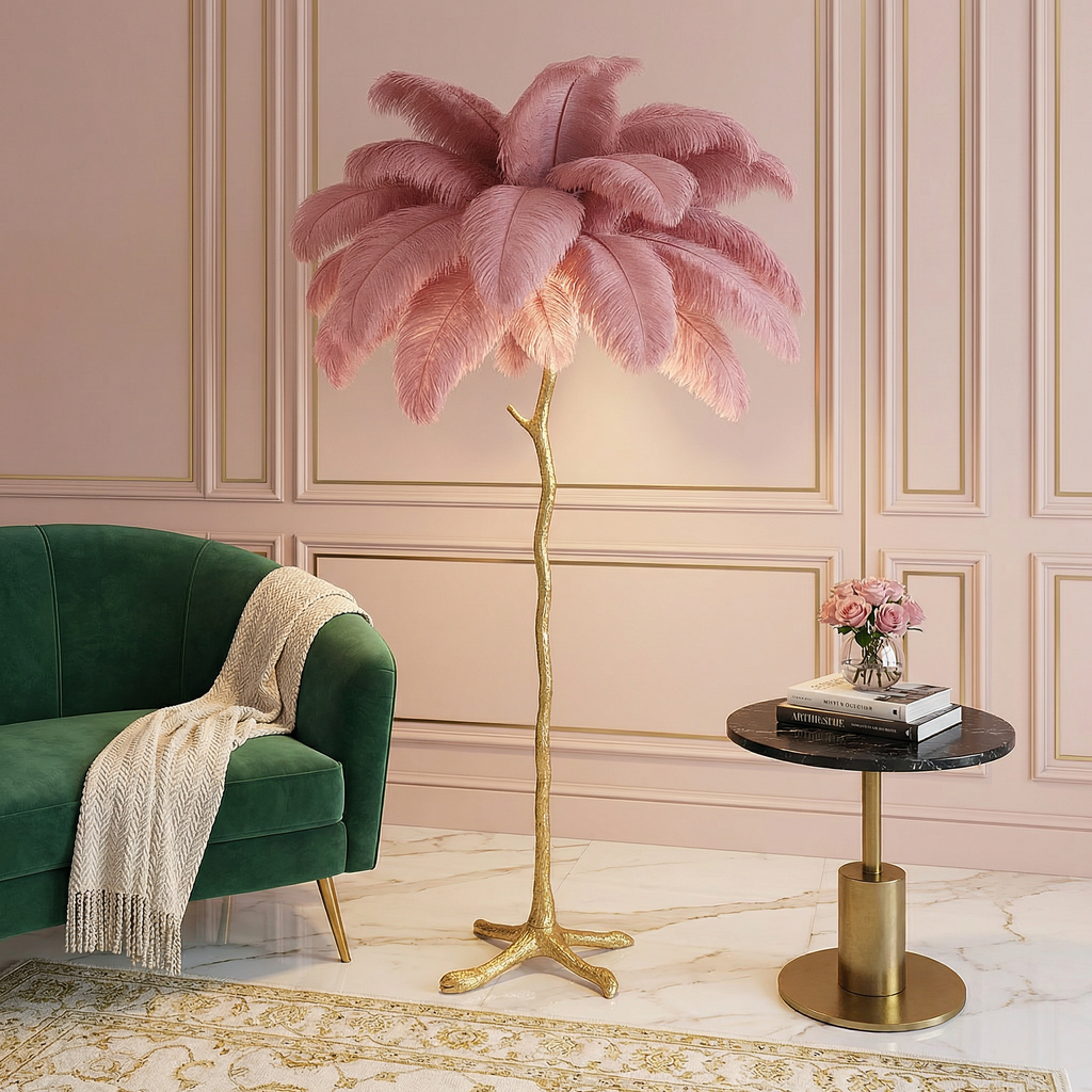 Elegant fjer-gulvlampe med moderne design og justerbar LED-belysning