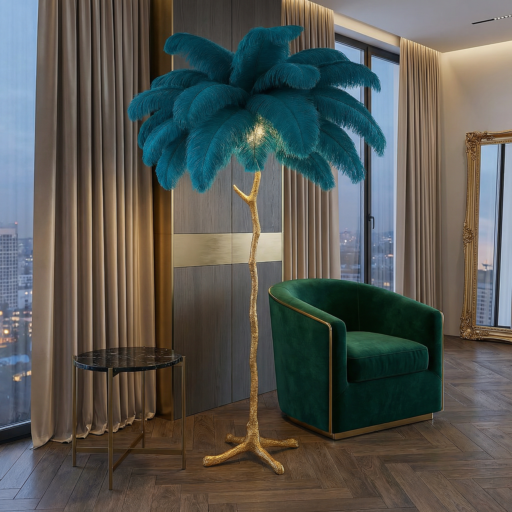 Elegant fjer-gulvlampe med moderne design og justerbar LED-belysning