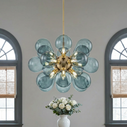 Adjustable Height Blue Glass Orbs Cluster Chandelier For Dining Room Decor