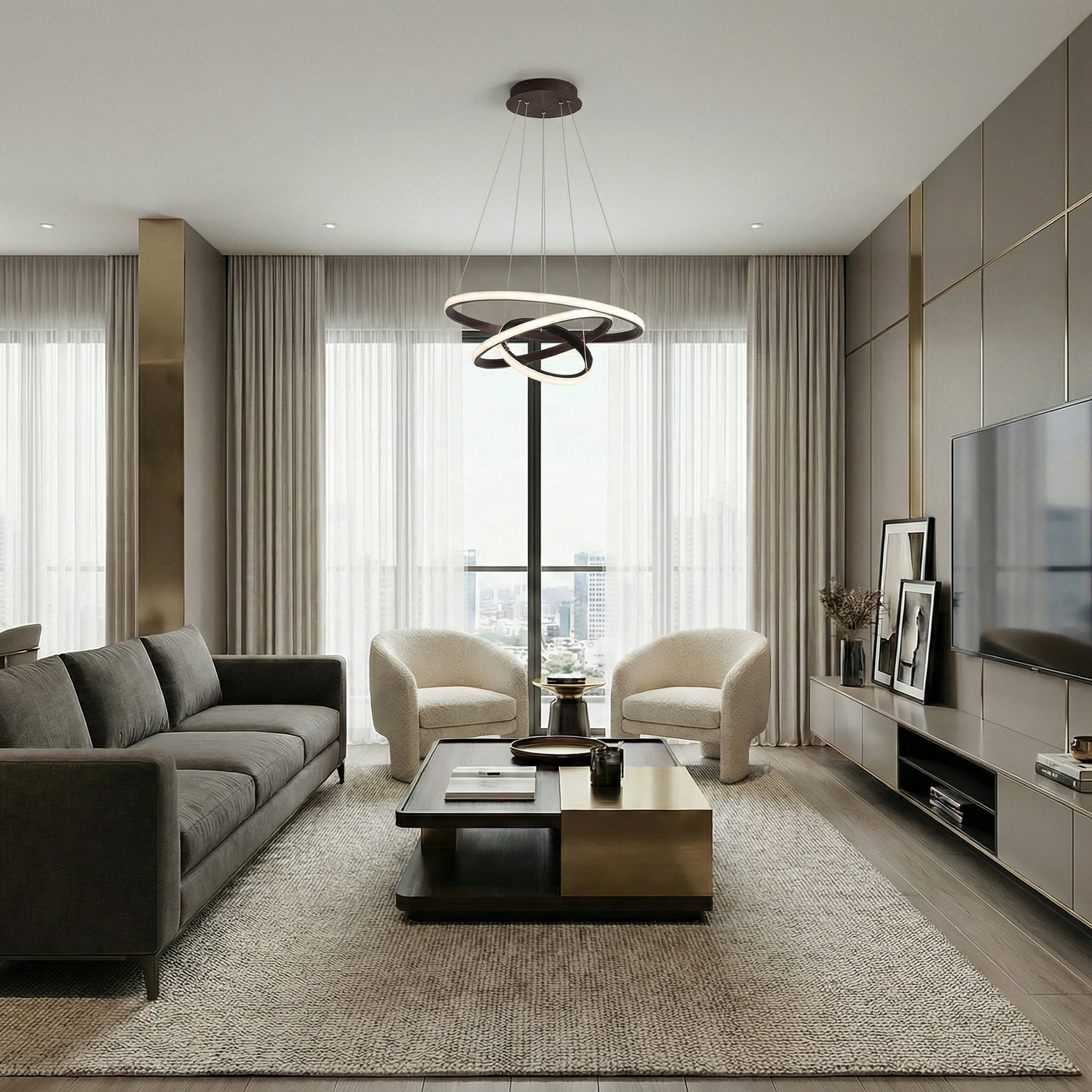 Three Layer Modern Chandelier With Elegant Design And LED Bulbs, Height Adjustable