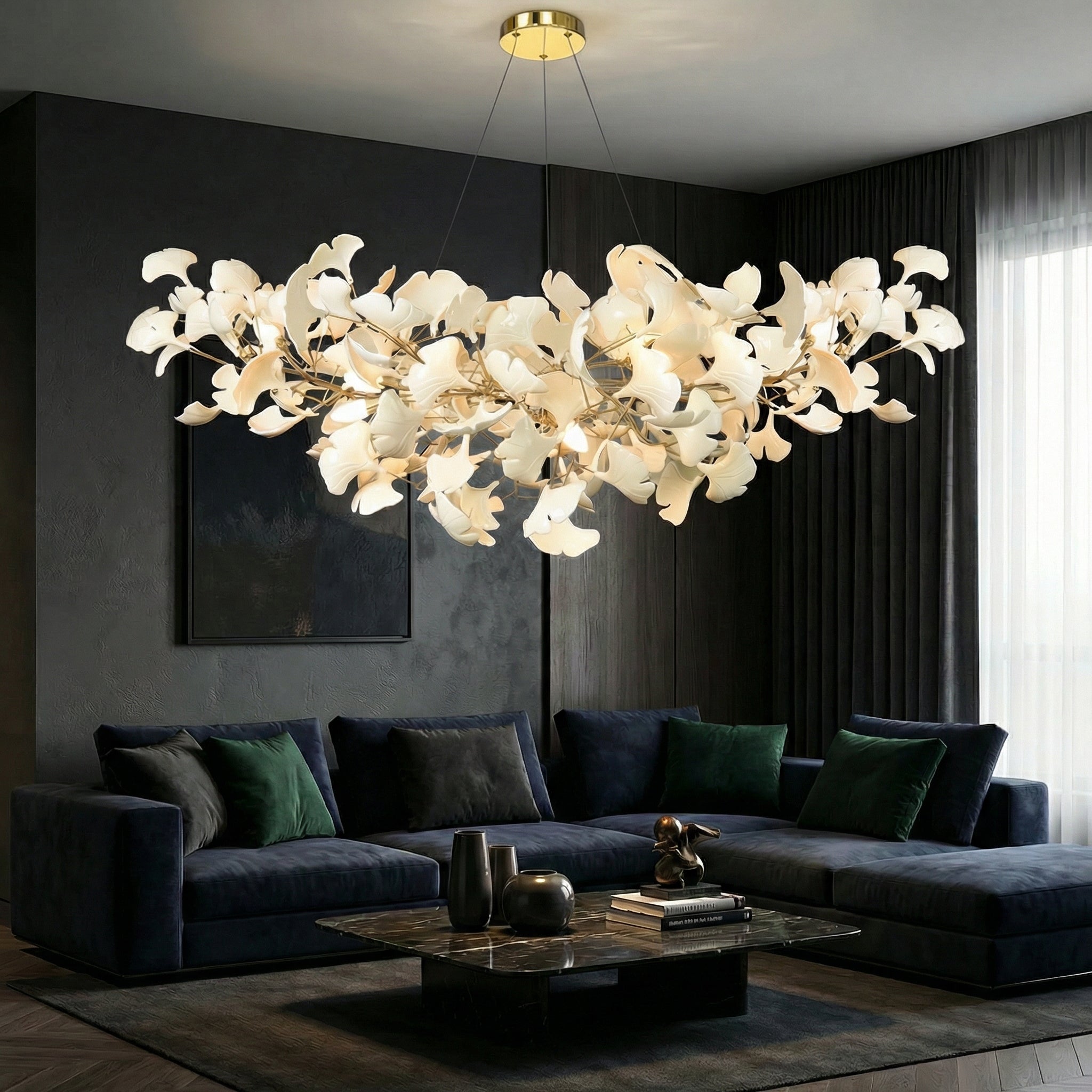 Moderní lustr z kolekce Verdant Canopy s ručně vyráběnými porcelánovými listy