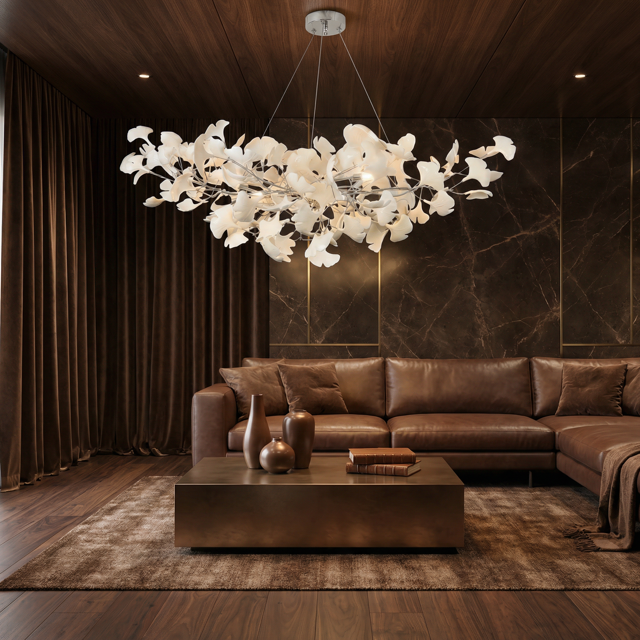 Moderní lustr z kolekce Verdant Canopy s ručně vyráběnými porcelánovými listy