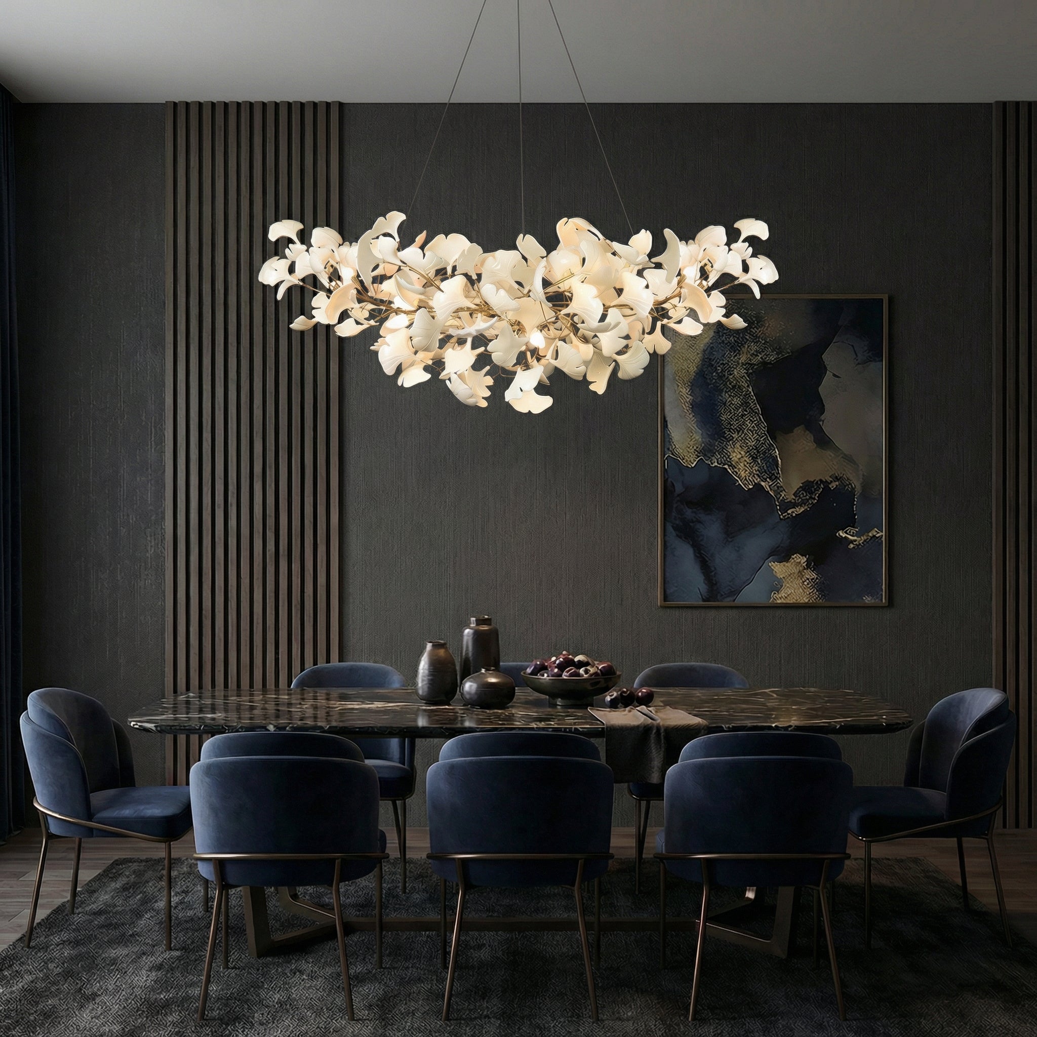Moderní lustr z kolekce Verdant Canopy s ručně vyráběnými porcelánovými listy