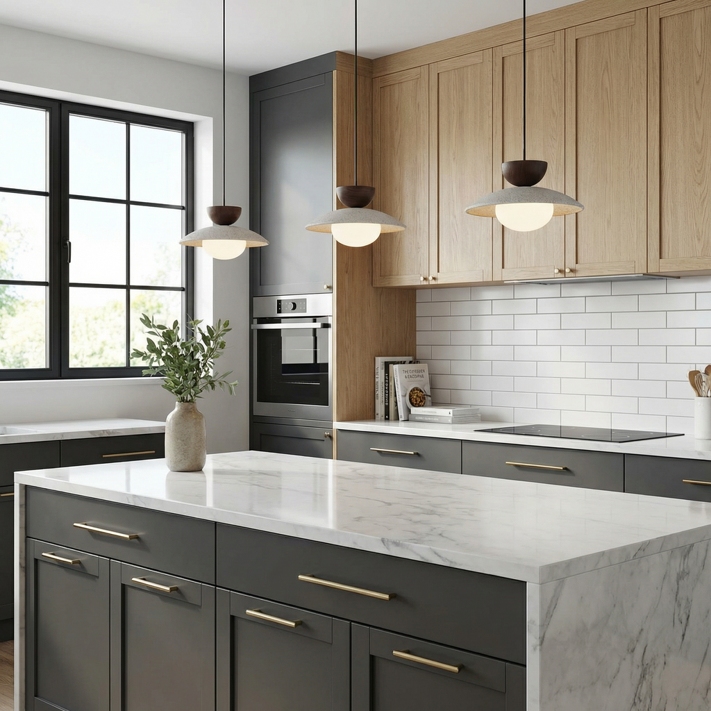 Lampada a Sospensione LumenOak con Legno Naturale e Vetro per Cucina