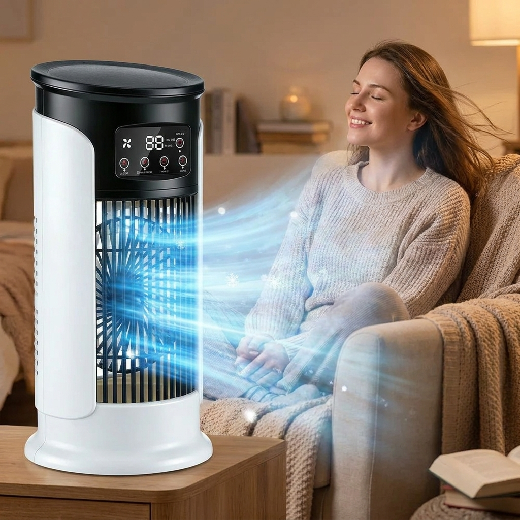 3-in-1 Turmventilator Luftkühler mit leisem Betrieb, 6 Geschwindigkeiten, Befeuchtungsfunktion, LED-Stimmungslicht, kompakt, platzsparend, für Schlafzimmer, Büro und Wohnzimmer.
