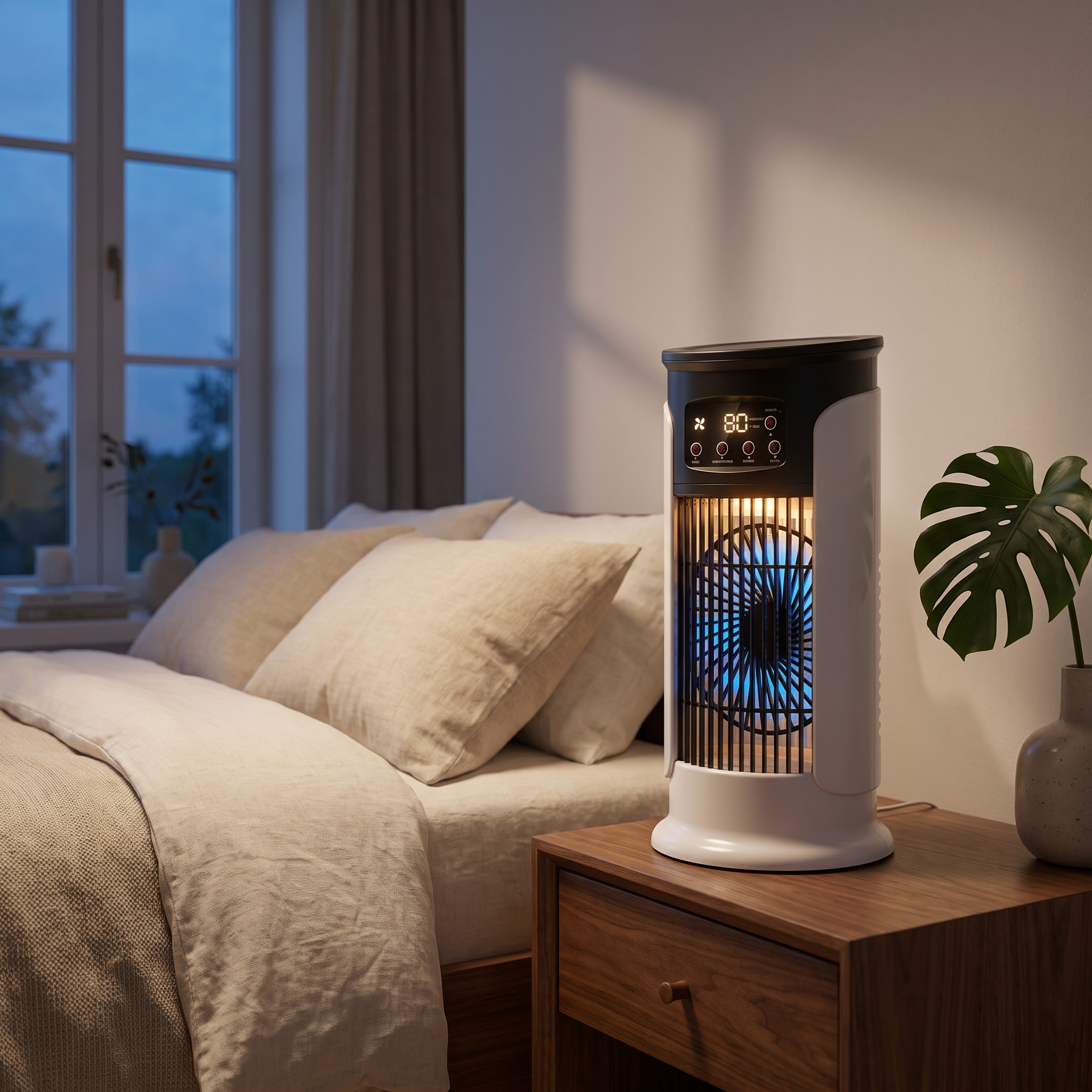 3-in-1 Turmventilator Luftkühler mit leisem Betrieb, 6 Geschwindigkeiten, Befeuchtungsfunktion, LED-Stimmungslicht, kompakt, platzsparend, für Schlafzimmer, Büro und Wohnzimmer.