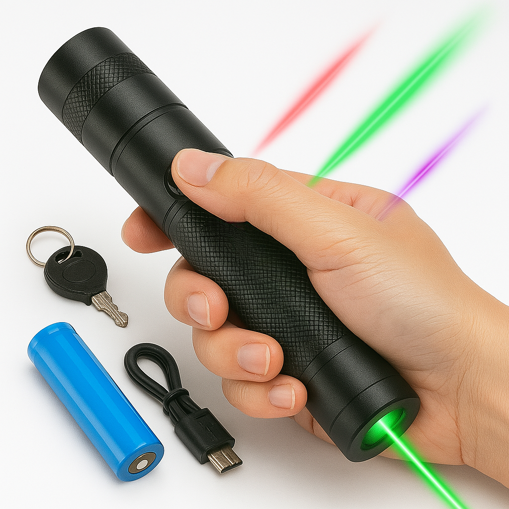 Laserosoitin-taskulamppu säädettävällä tarkennuksella, USB-ladattava, 10 000 metrin kantama