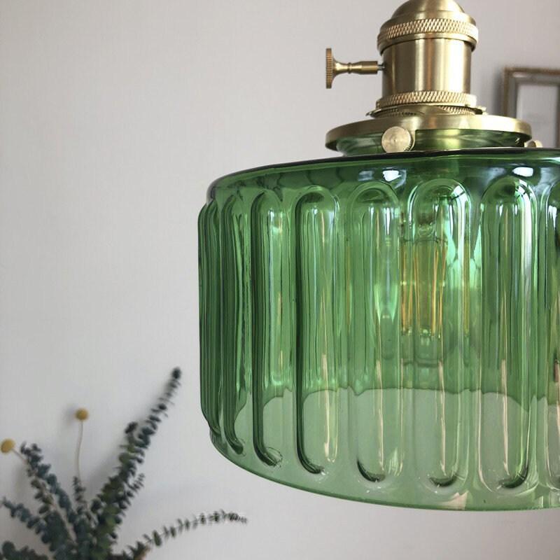 Fluted Glass Pendant Light With LED Bulb Included, Vintage Short Cylinder