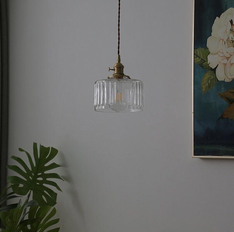 Fluted Glass Pendant Light With LED Bulb Included, Vintage Short Cylinder