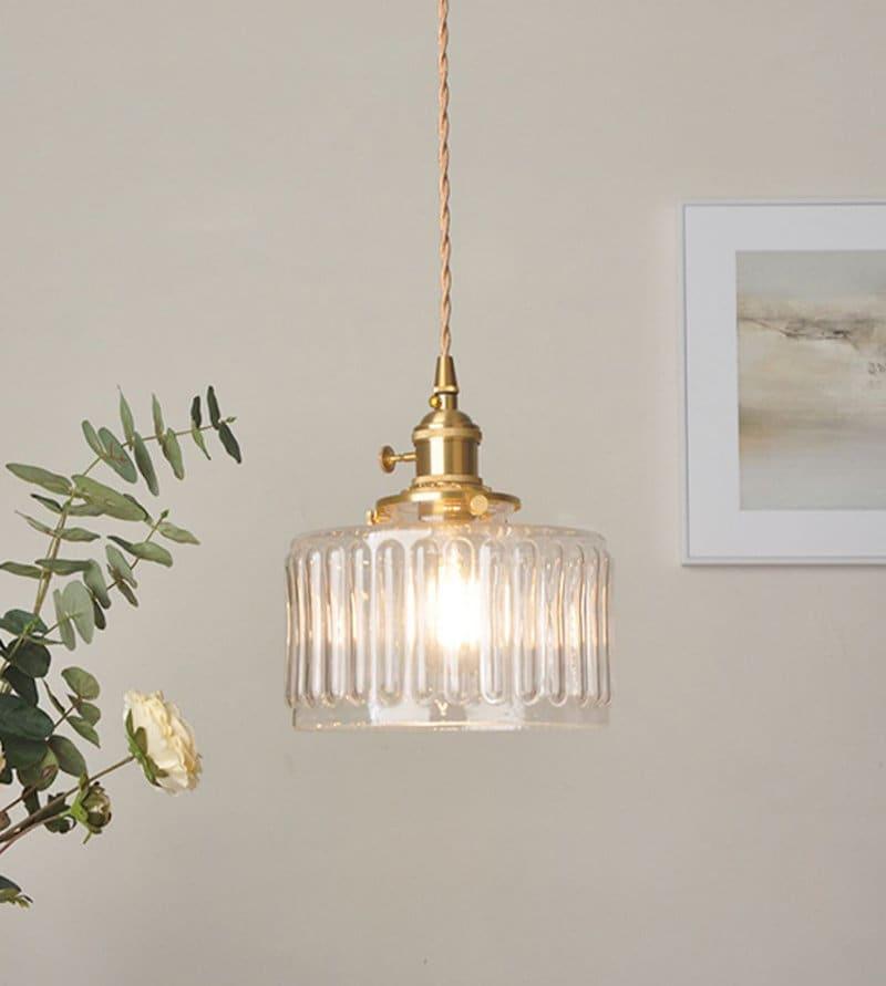 Fluted Glass Pendant Light With LED Bulb Included, Vintage Short Cylinder