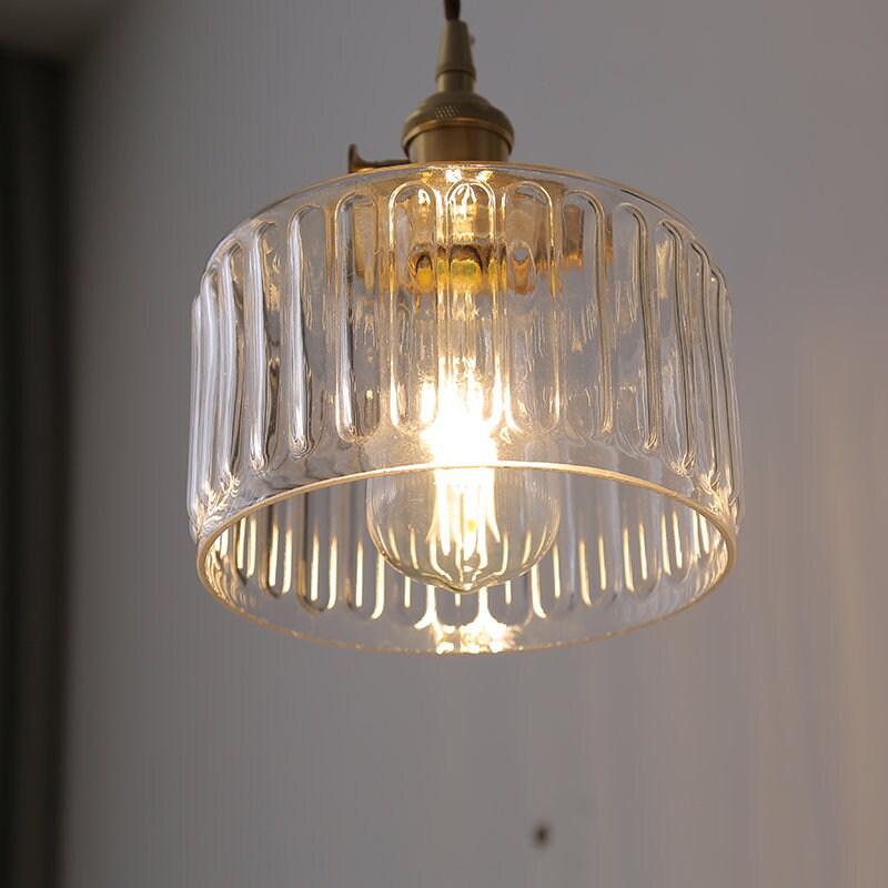 Fluted Glass Pendant Light With LED Bulb Included, Vintage Short Cylinder
