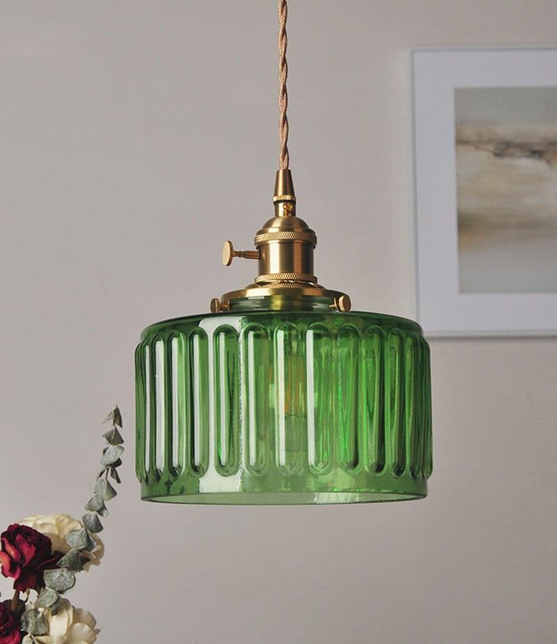 Fluted Glass Pendant Light With LED Bulb Included, Vintage Short Cylinder