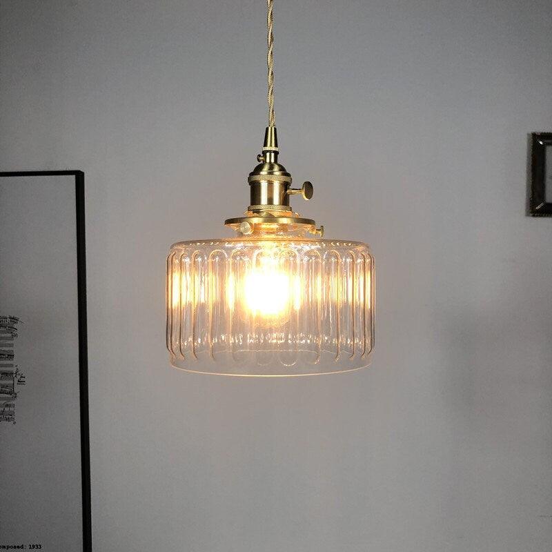 Fluted Glass Pendant Light With LED Bulb Included, Vintage Short Cylinder