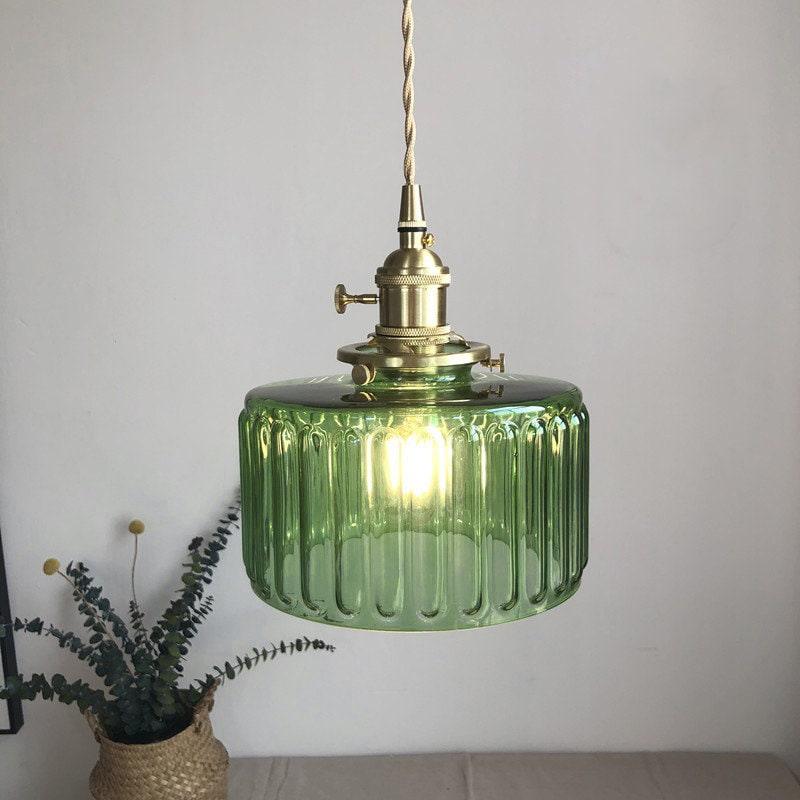 Fluted Glass Pendant Light With LED Bulb Included, Vintage Short Cylinder