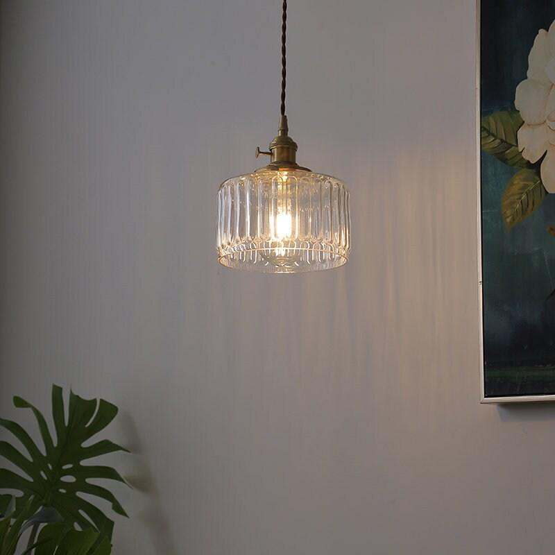 Fluted Glass Pendant Light With LED Bulb Included, Vintage Short Cylinder