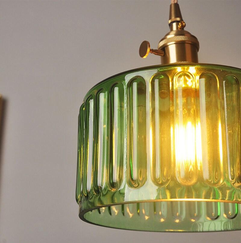Fluted Glass Pendant Light With LED Bulb Included, Vintage Short Cylinder