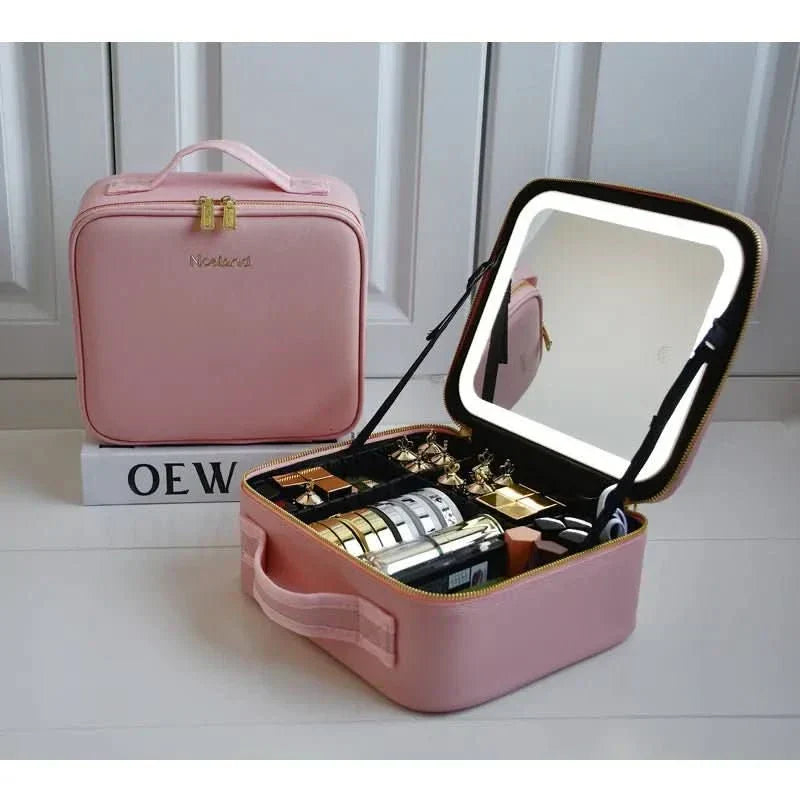 GlimmerGlow Makeup Bag With LED Mirror And Portable Lighted Storage