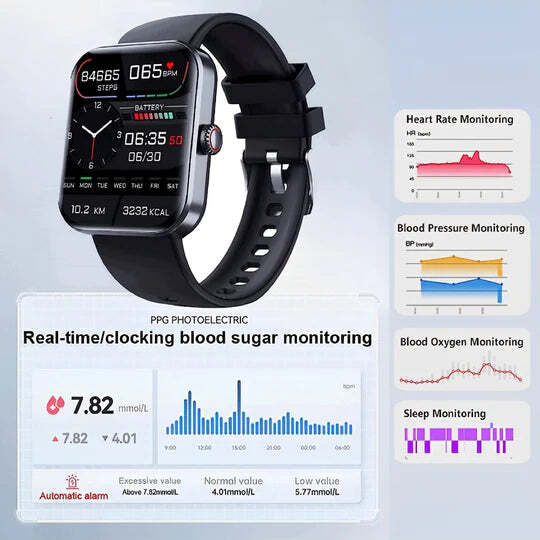 Montre connectée de surveillance de la glycémie | Montre intelligente pour test non invasif de la glycémie | Fervei