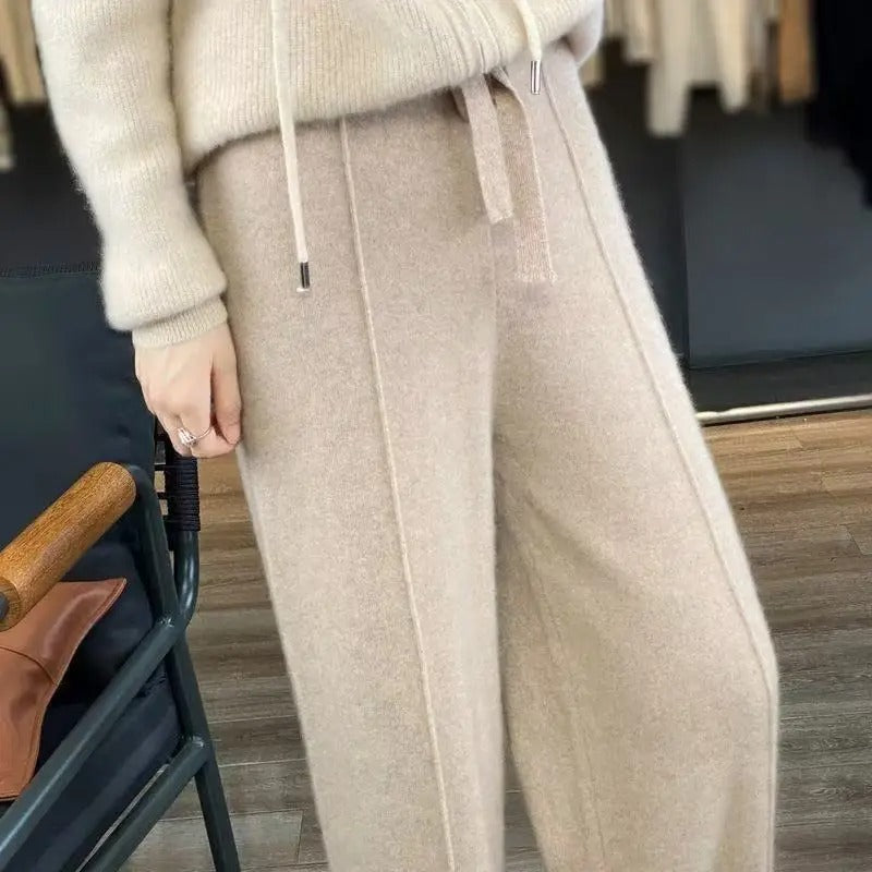 Women's Wool Cashmere Blend Wide-Leg Trousers With Elastic Waist